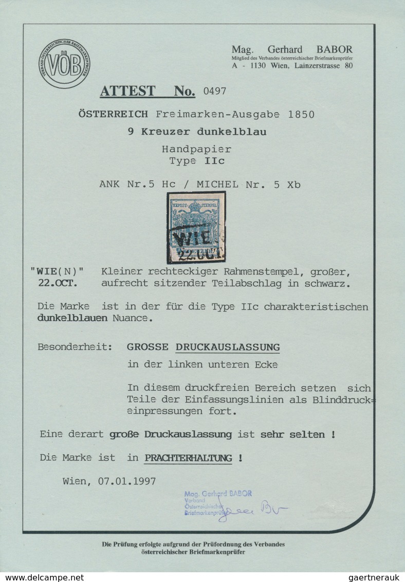 Österreich: 1850, 9 Kreuzer Dunkelblau, Handpapier Type II C, Mit Großer Druckauslassung Der Linken - Other & Unclassified