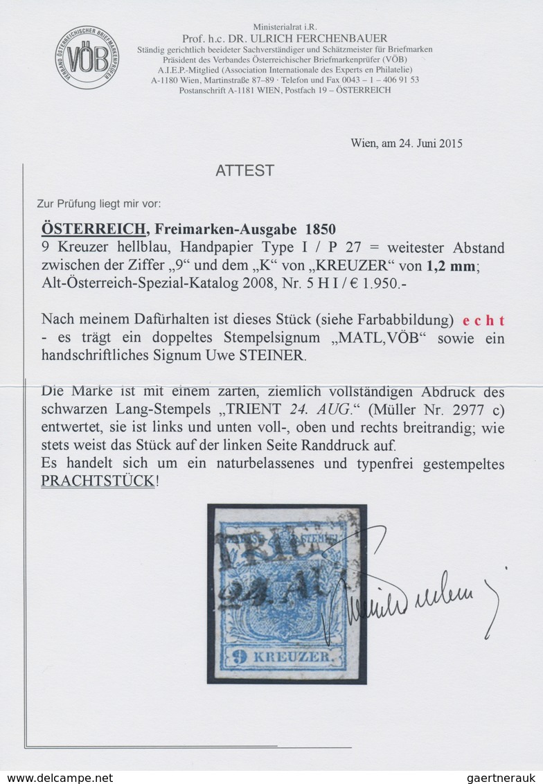 Österreich: 1850, 9 Kreuzer Hellblau, Handpapier Type I, Mit Weitestem Abstand 1,2 Mm Zwischen Der Z - Sonstige & Ohne Zuordnung