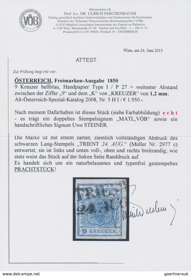 Österreich: 1850, 9 Kreuzer Hellblau, Handpapier Type I, Mit Weitestem Abstand 1,2 Mm Zwischen Der Z - Autres & Non Classés