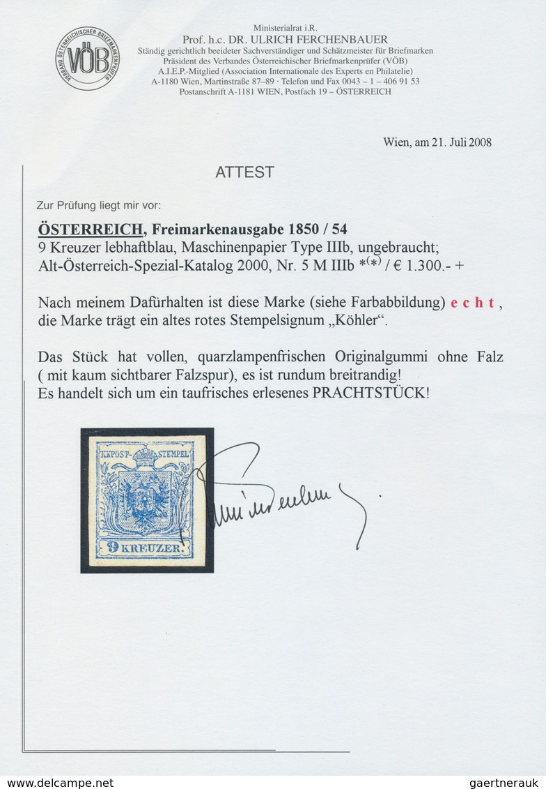 Österreich: 1850, 9 Kr Lebhaftblau, Type IIIb Auf Maschinenpapier In Ungebrauchter Ausnahmeerhaltung - Sonstige & Ohne Zuordnung