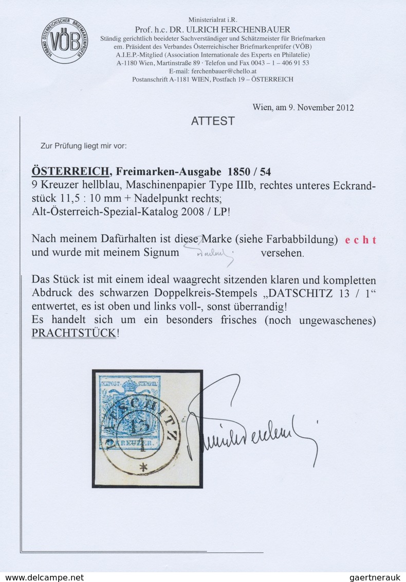 Österreich: 1850, 9 Kr Hellblau, Maschinenpapier Type IIIb, Rechte Untere Bogenecke Mit Besonders Br - Sonstige & Ohne Zuordnung