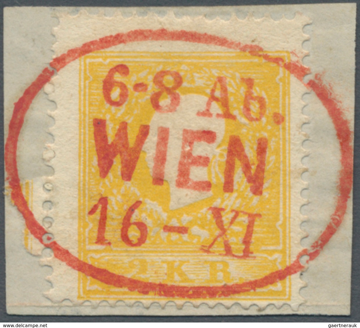 Österreich: 1858, 2 Kreuzer Dunkelgelb, Type I, Entwertet Mit Komplettem, Zentrisch Aufgesetztem Abs - Sonstige & Ohne Zuordnung