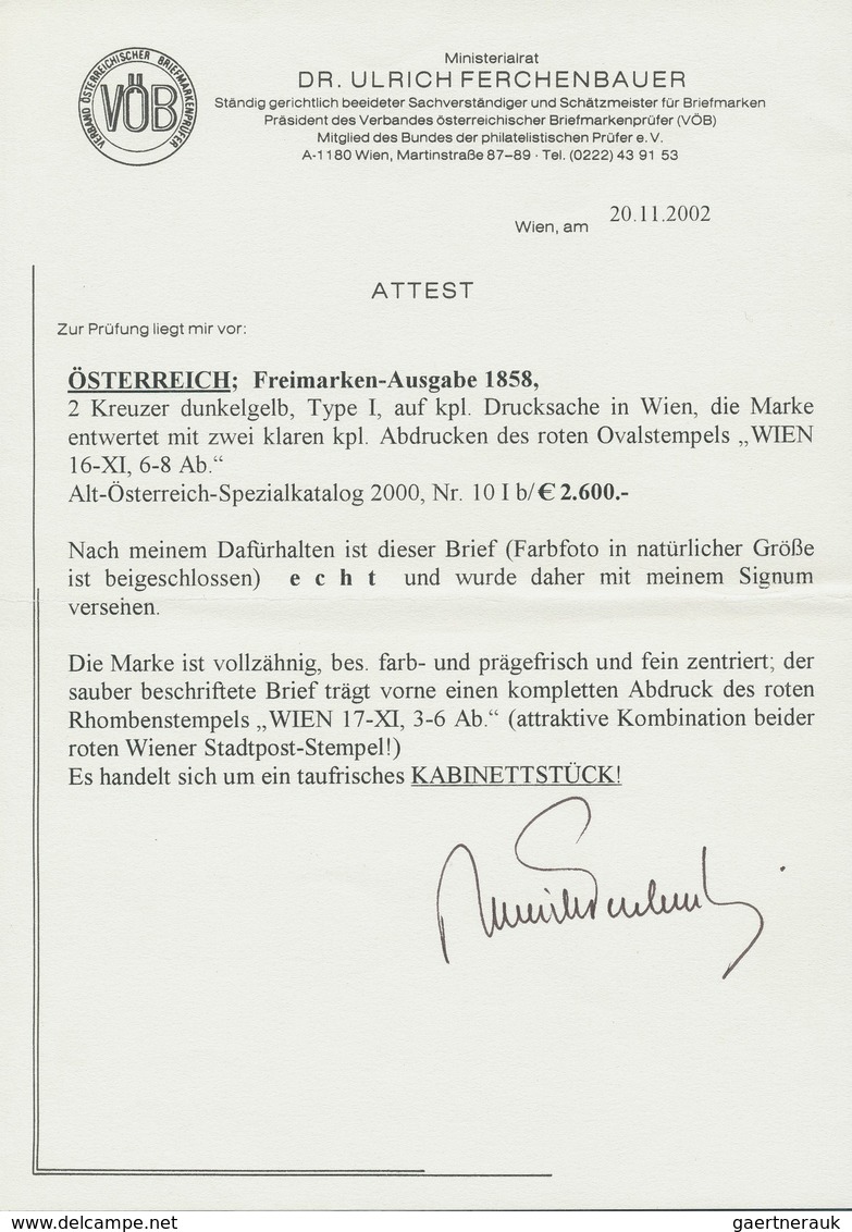 Österreich: 1858, 2 Kreuzer Dunkelgelb, Type I, Besonders Farb- Und Prägefrisches, Bestens Zentriert - Sonstige & Ohne Zuordnung