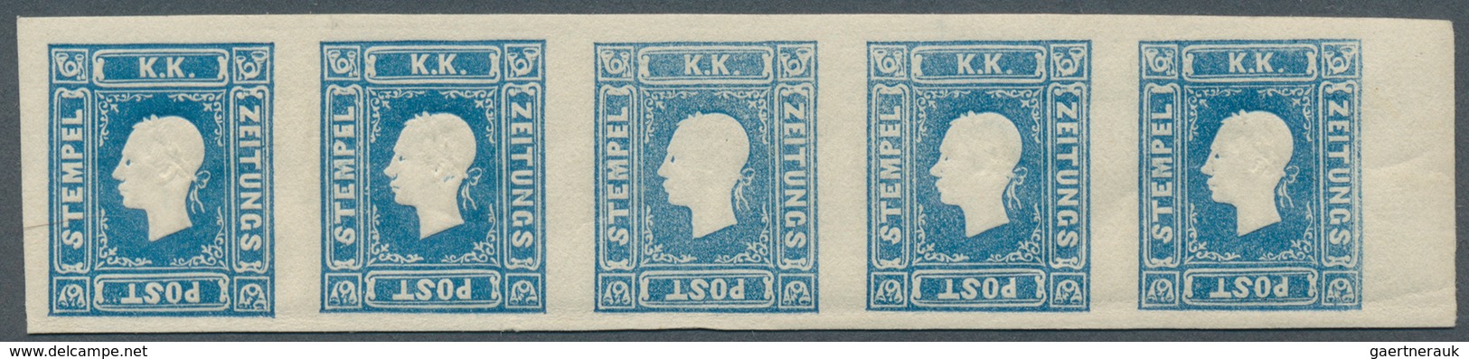 Österreich: 1858, (1,05 Kreuzer) Blau Zeitungsmarke, Type I, Waagerechter Fünferstreifen Vom Rechten - Sonstige & Ohne Zuordnung