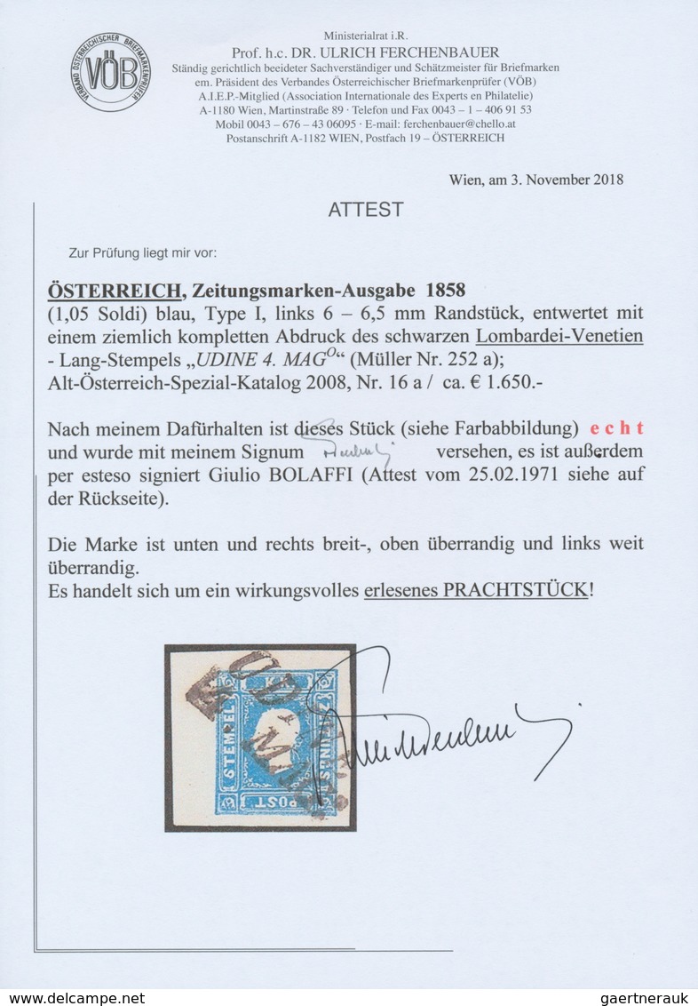 Österreich: 1858, (1,05 Kreuzer/Soldi) Blau Zeitungsmarke, Type I, Allseits Breit- Bis überrandig Vo - Autres & Non Classés