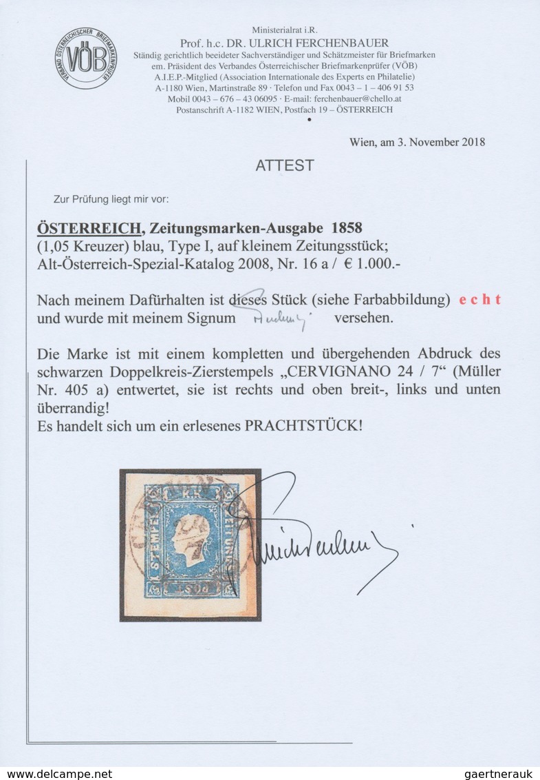 Österreich: 1858, (1,05 Kreuzer/Soldi) Blau Zeitungsmarke, Type I, Allseits Breit- Bis überrandig, G - Other & Unclassified