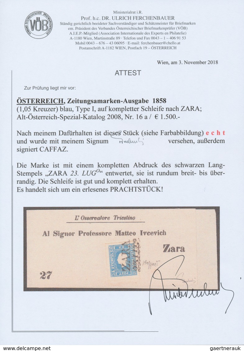 Österreich: 1858, (1,05 Kreuzer) Blau Zeitungsmarke, Type I, Allseits Breit- Bis überrandig, Entwert - Sonstige & Ohne Zuordnung