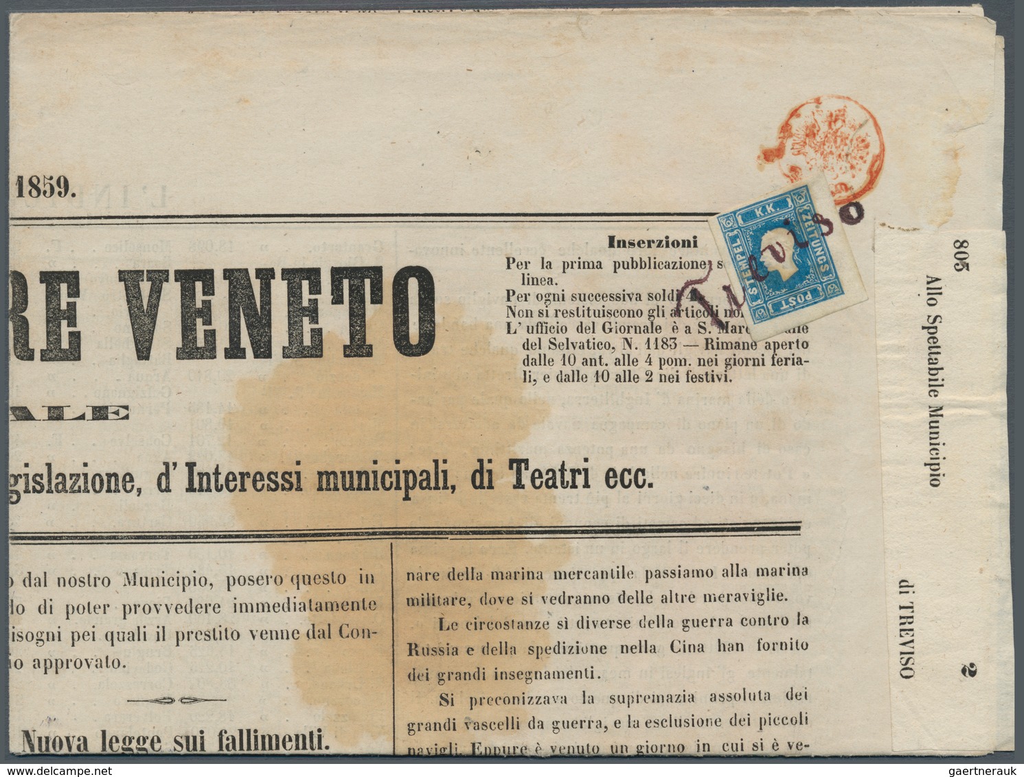 Österreich: 1858, (1,05 Kreuzer/Soldi) Blau Zeitungsmarke, Type I, Voll- Bis überrandig, Mit Handsch - Sonstige & Ohne Zuordnung