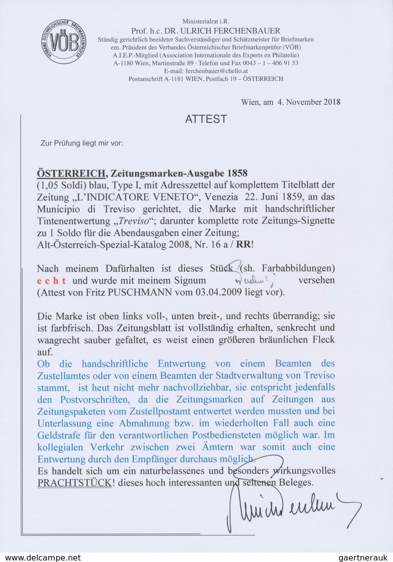 Österreich: 1858, (1,05 Kreuzer/Soldi) Blau Zeitungsmarke, Type I, Voll- Bis überrandig, Mit Handsch - Other & Unclassified