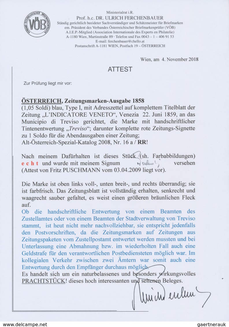 Österreich: 1858, (1,05 Kreuzer/Soldi) Blau Zeitungsmarke, Type I, Voll- Bis überrandig, Mit Handsch - Autres & Non Classés