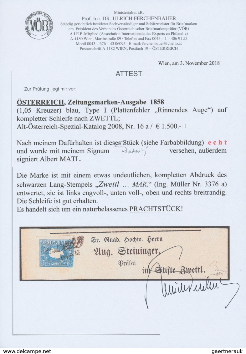 Österreich: 1858, (1,05 Kreuzer) Blau Zeitungsmarke, Type I, Mit Plattenfehler "Rinnendes Auge", All - Sonstige & Ohne Zuordnung