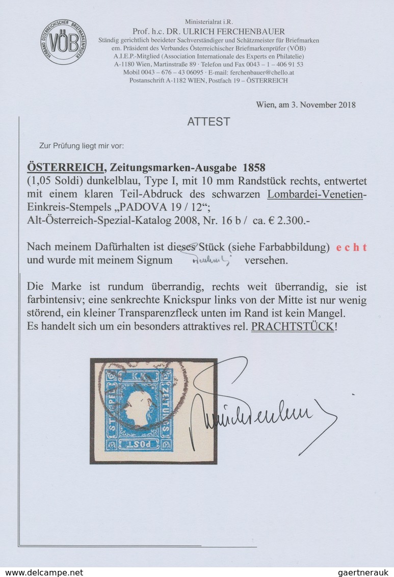 Österreich: 1858, (1,05 Kreuzer/Soldi) Dunkelblau Zeitungsmarke, Type I, Allseits überrandiges Recht - Sonstige & Ohne Zuordnung