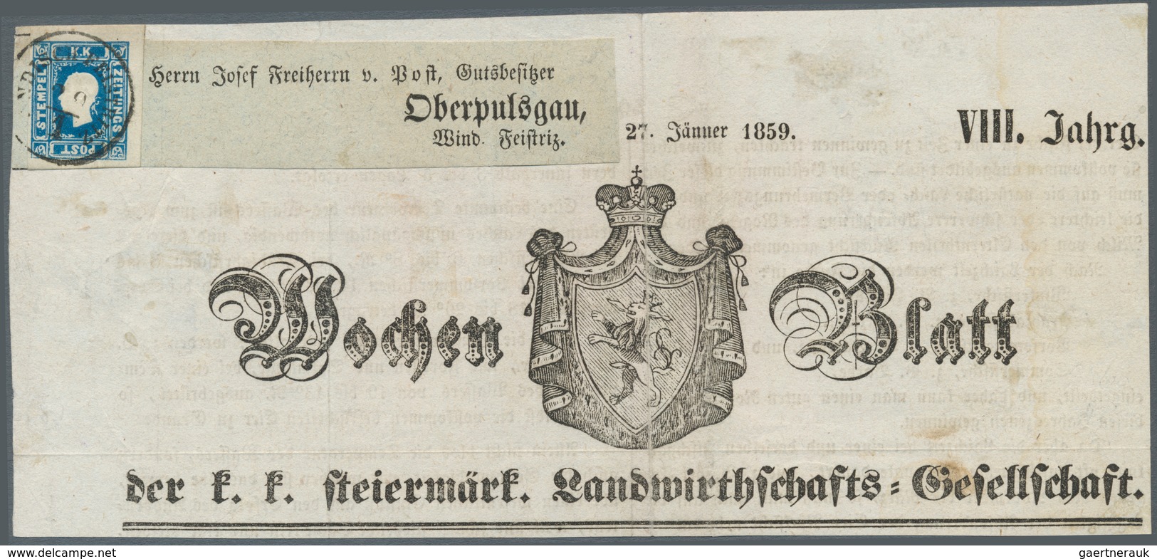 Österreich: 1858, (1,05 Kreuzer) Dunkelblau Zeitungsmarke, Type I, Allseits Voll- Bis überrandig, En - Andere & Zonder Classificatie