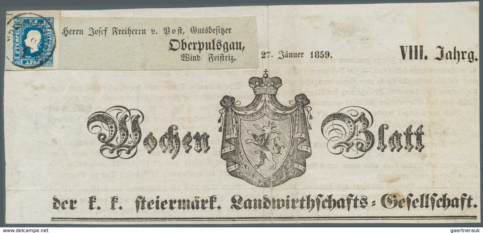 Österreich: 1858, (1,05 Kreuzer) Dunkelblau Zeitungsmarke, Type I, Allseits Voll- Bis überrandig, En - Sonstige & Ohne Zuordnung