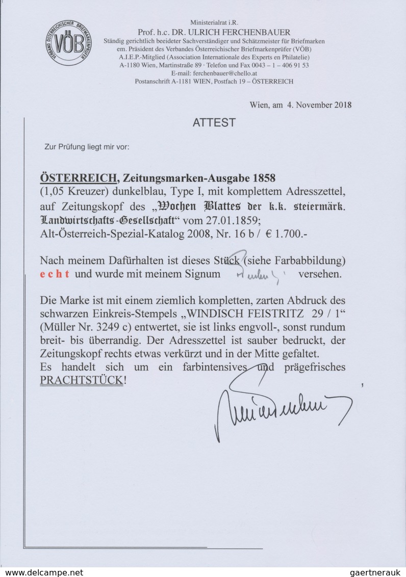 Österreich: 1858, (1,05 Kreuzer) Dunkelblau Zeitungsmarke, Type I, Allseits Voll- Bis überrandig, En - Andere & Zonder Classificatie