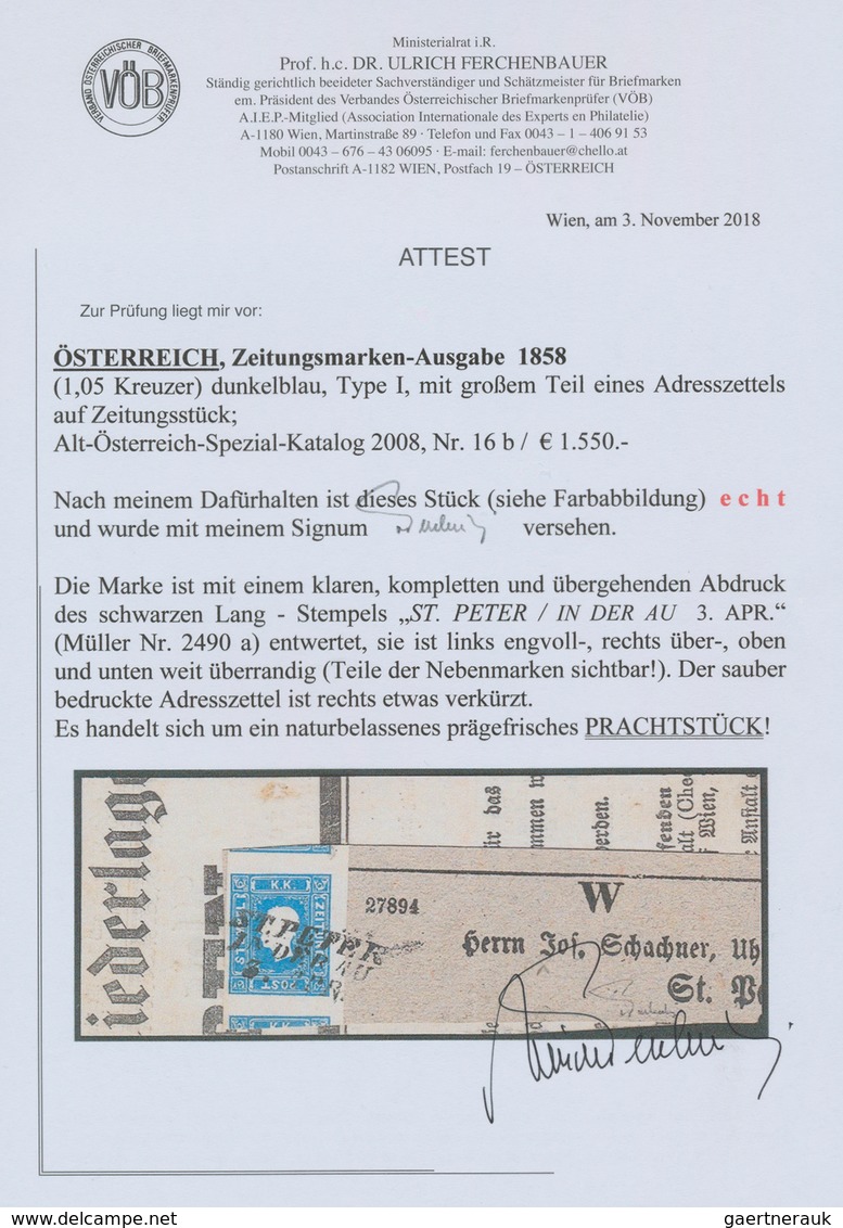 Österreich: 1858, (1,05 Kreuzer) Dunkelblau Zeitungsmarke, Type I, Allseits Breit- Bis überrandig, O - Sonstige & Ohne Zuordnung