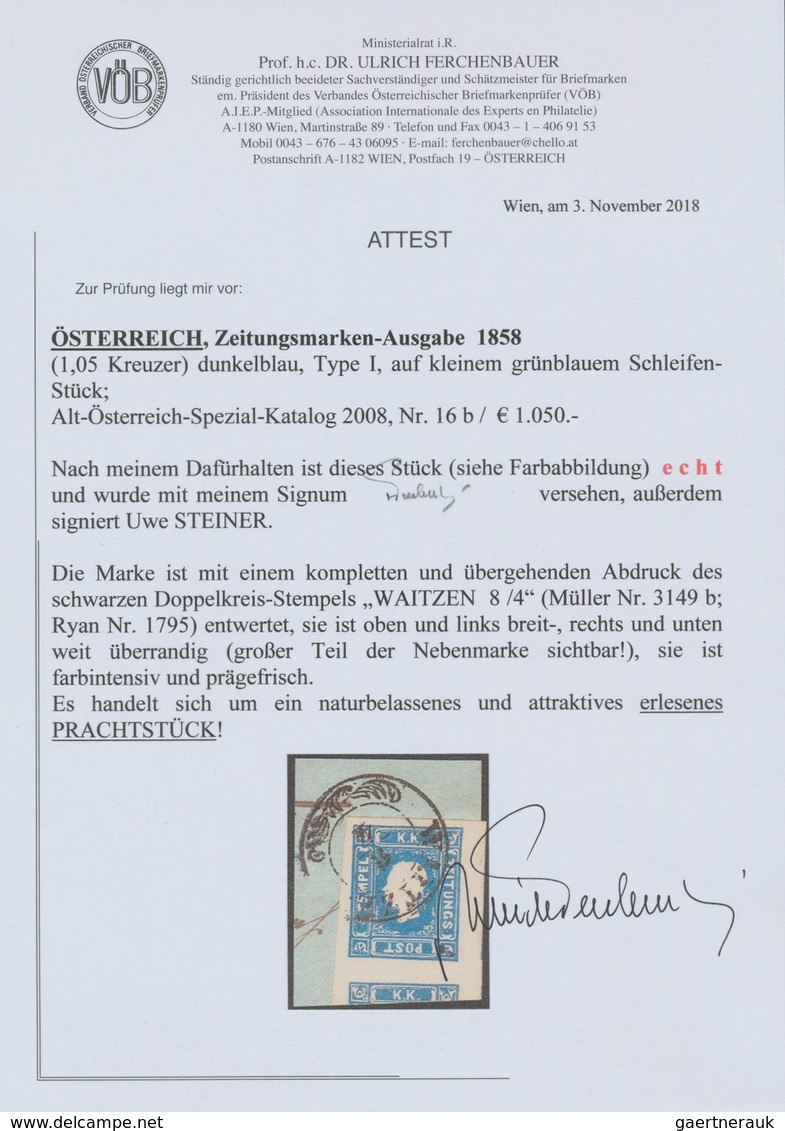 Österreich: 1858, (1,05 Kreuzer) Dunkelblau Zeitungsmarke, Type I, Oben Und Links Breitrandig, Recht - Sonstige & Ohne Zuordnung