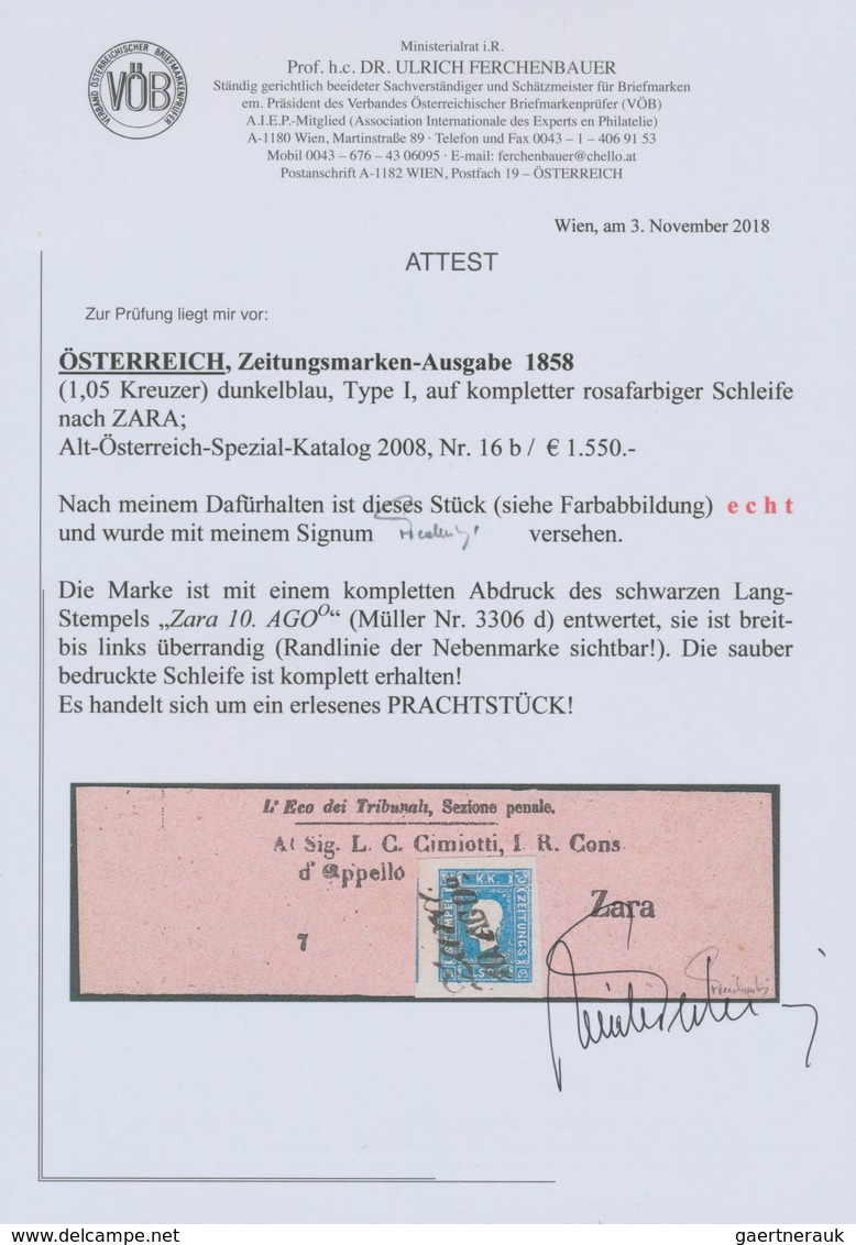 Österreich: 1858, (1,05 Kreuzer) Dunkelblau Zeitungsmarke, Type I, Allseits Breit- Bis überrandig, L - Andere & Zonder Classificatie