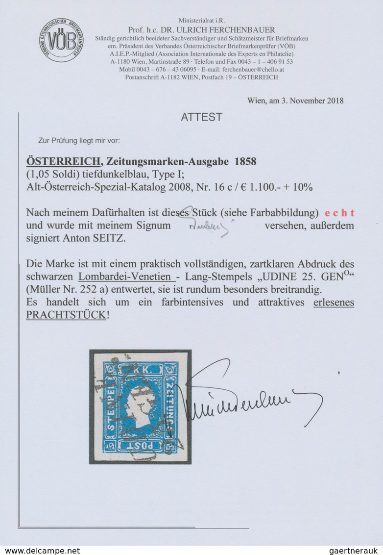 Österreich: 1858, (1,05 Kreuzer/Soldi) Tiefdunkelblau Zeitungsmarke, Type I, Allseits Sehr Breitrand - Other & Unclassified