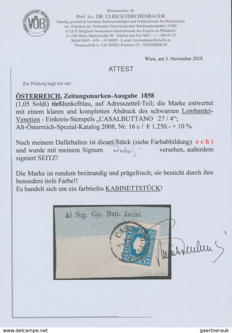 Österreich: 1858, (1,05 Kreuzer/Soldi) Tiefdunkelblau Zeitungsmarke, Type I, Allseits Breitrandig, F - Sonstige & Ohne Zuordnung