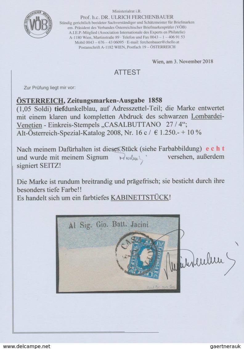 Österreich: 1858, (1,05 Kreuzer/Soldi) Tiefdunkelblau Zeitungsmarke, Type I, Allseits Breitrandig, F - Andere & Zonder Classificatie