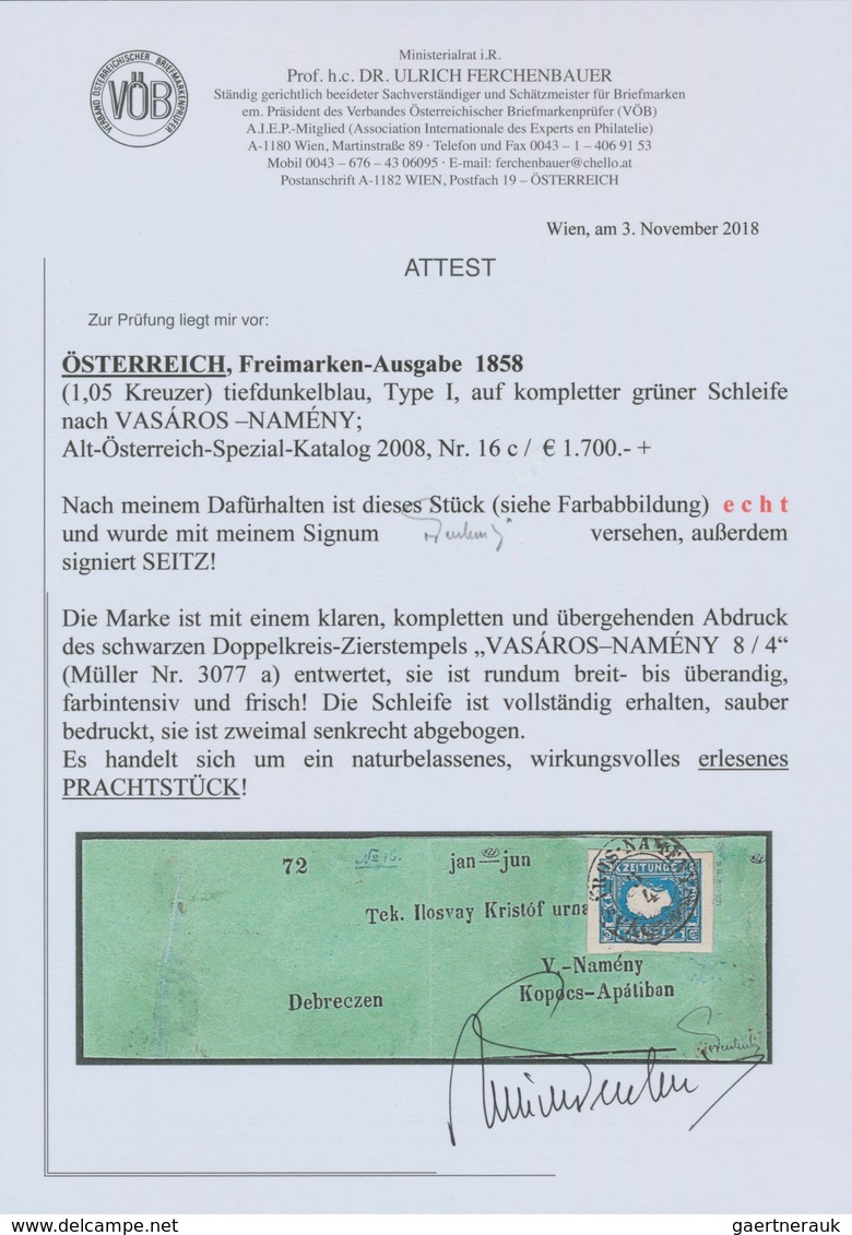 Österreich: 1858, (1,05 Kreuzer) Tiefdunkelblau Zeitungsmarke, Type I, Allseits Breit- Bis überrandi - Autres & Non Classés