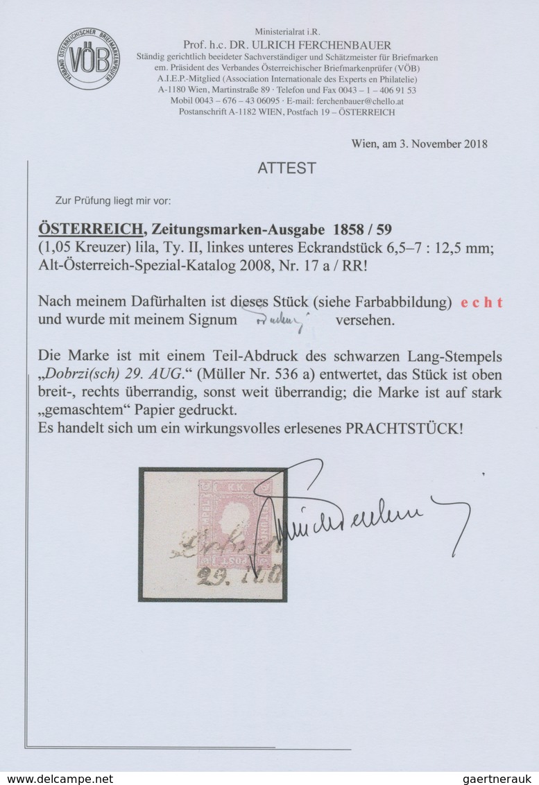 Österreich: 1859, (1,05 Kreuzer) Lila Zeitungsmarke, Type II, Marke Auf Stark Gemaschtem Papier, Lin - Sonstige & Ohne Zuordnung