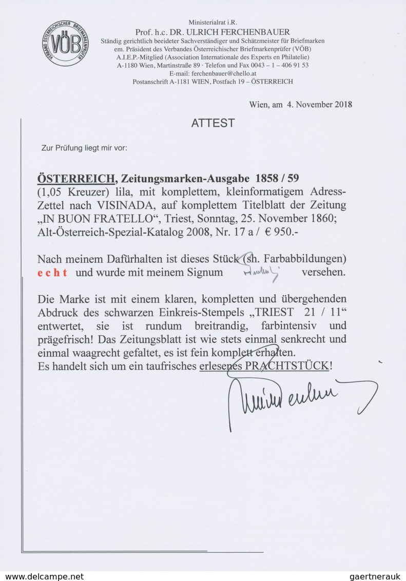 Österreich: 1859, (1,05 Kreuzer) Lila Zeitungsmarke, Type II, Farb- Und Prägefrisch, Allseits Breitr - Sonstige & Ohne Zuordnung