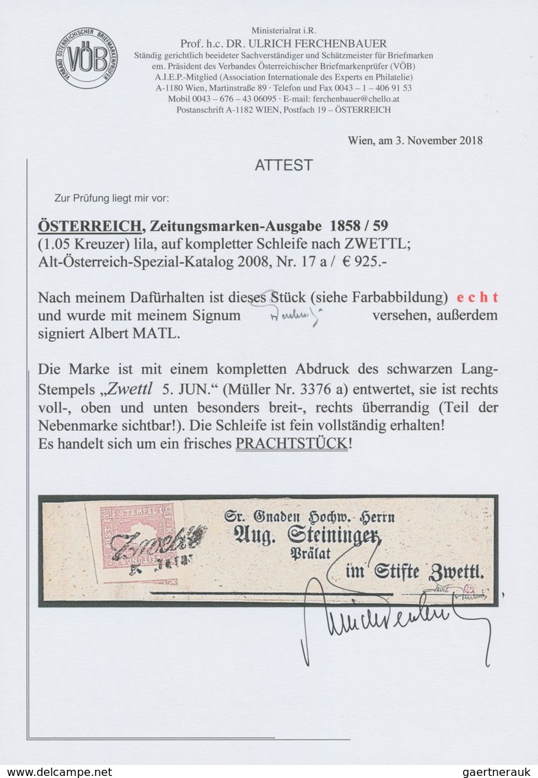 Österreich: 1859, (1,05 Kreuzer) Lila Zeitungsmarke, Type II, Farbfrisch, Voll- Bis überrandig, Rech - Sonstige & Ohne Zuordnung