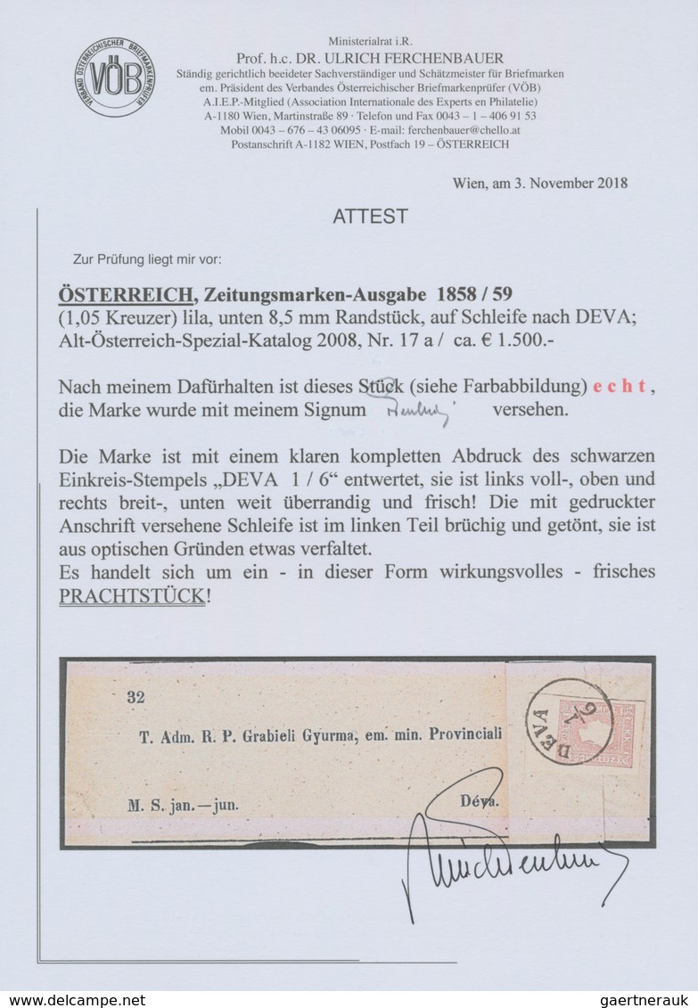 Österreich: 1859, (1,05 Kreuzer) Lila Zeitungsmarke, Type II, Unterrandstück (8,5 Mm), Sonst Voll- B - Other & Unclassified