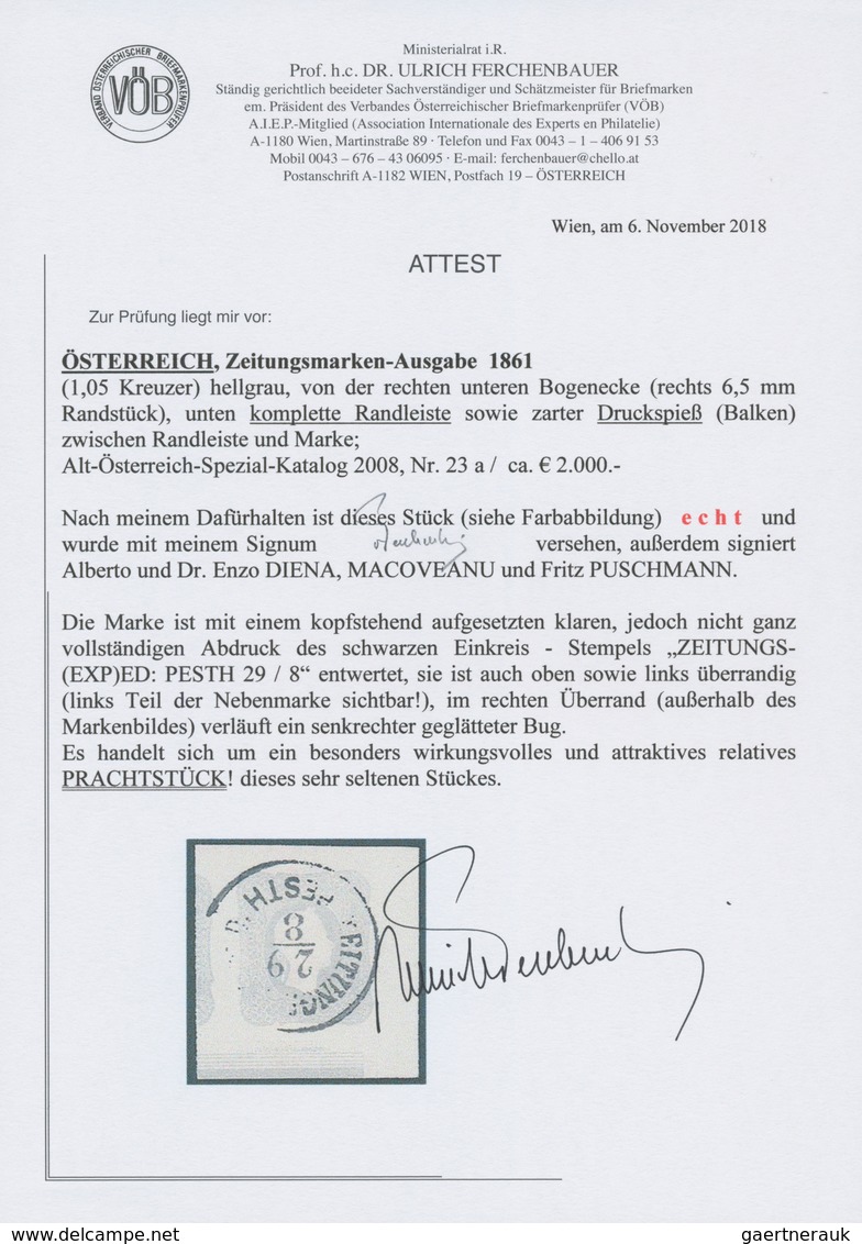 Österreich: 1861, (1,05 Kreuzer) Hellgrau Zeitungsmarke, Rechtes Unteres Eckrandstück (rechts 6,5 Mm - Sonstige & Ohne Zuordnung