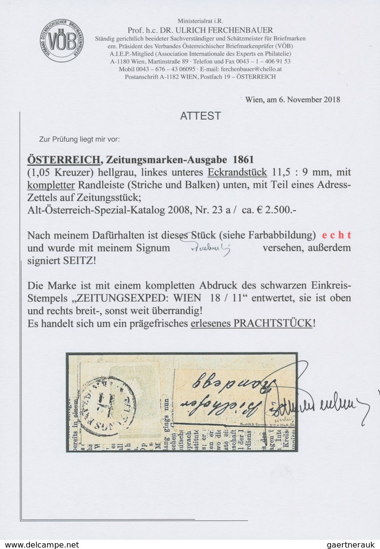 Österreich: 1861, (1,05 Kreuzer) Hellgrau Zeitungsmarke, Linkes Unteres Eckrandstück (11,5 : 9 Mm), - Sonstige & Ohne Zuordnung