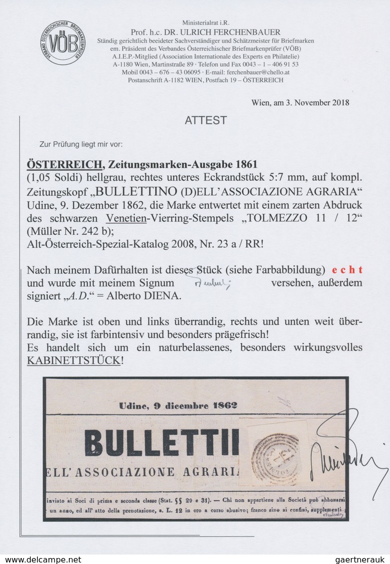 Österreich: 1861, (1,05 Kreuzer/Soldi) Hellgrau Zeitungsmarke, Rechtes Unteres Eckrandstück (5 : 7 M - Sonstige & Ohne Zuordnung