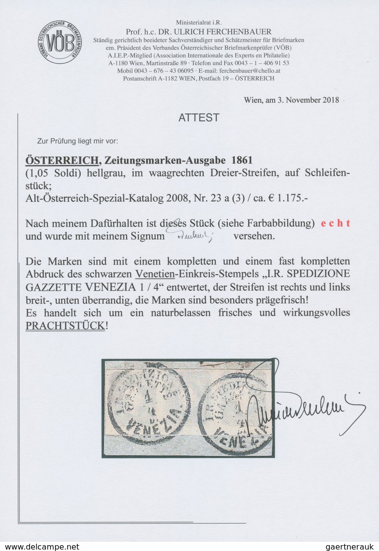 Österreich: 1861, (1,05 Kreuzer/Soldi) Hellgrau Zeitungsmarke, Waagerechter 3er-Streifen, Prägefrisc - Other & Unclassified