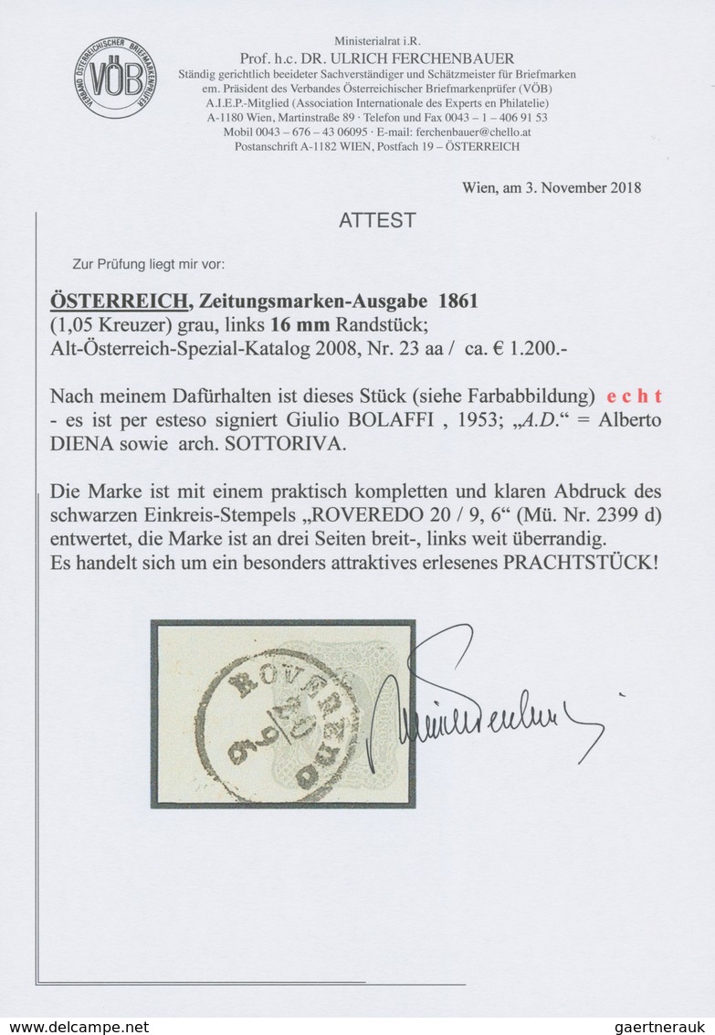 Österreich: 1861, (1,05 Kreuzer) Grau Zeitungsmarke, Linkes Randstück (16 Mm), Sonst Dreiseitig Brei - Other & Unclassified