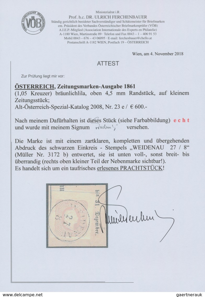 Österreich: 1861, (1,05 Kreuzer) Bräunlichlila Zeitungsmarke, Oberrandstück (4,5 Mm), Seitlich Und U - Other & Unclassified
