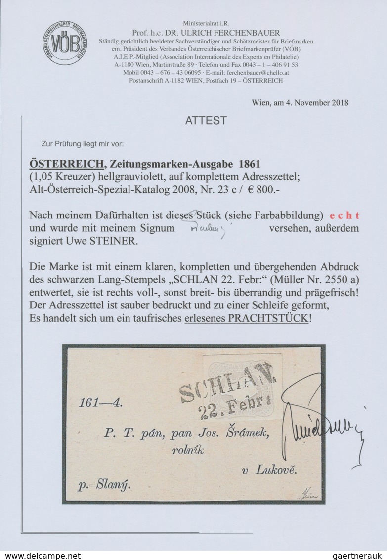 Österreich: 1861, (1,05 Kreuzer) Hellgrauviolett Zeitungsmarke, Prägefrisch, Allseits Voll- Bis über - Other & Unclassified