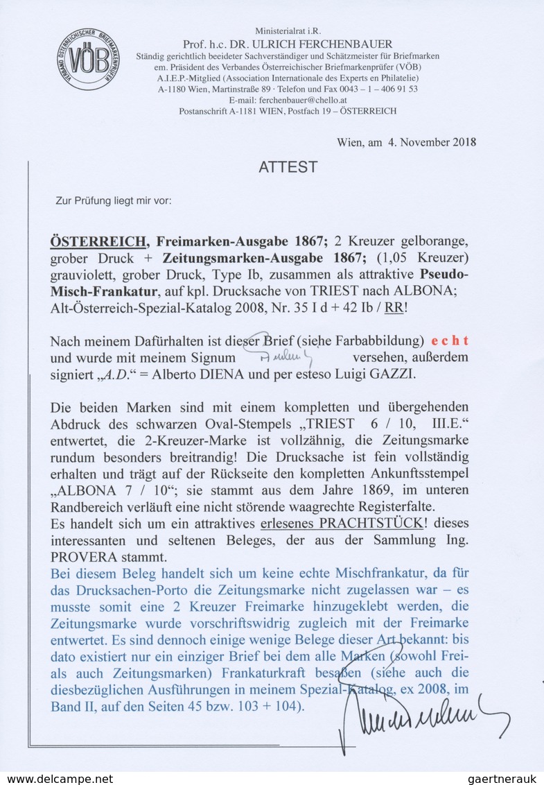 Österreich: 1867, 2 Kr Gelborange Freimarke, Grober Druck, Und Zeitungsmarke (1,05 Kreuzer) Grauviol - Sonstige & Ohne Zuordnung