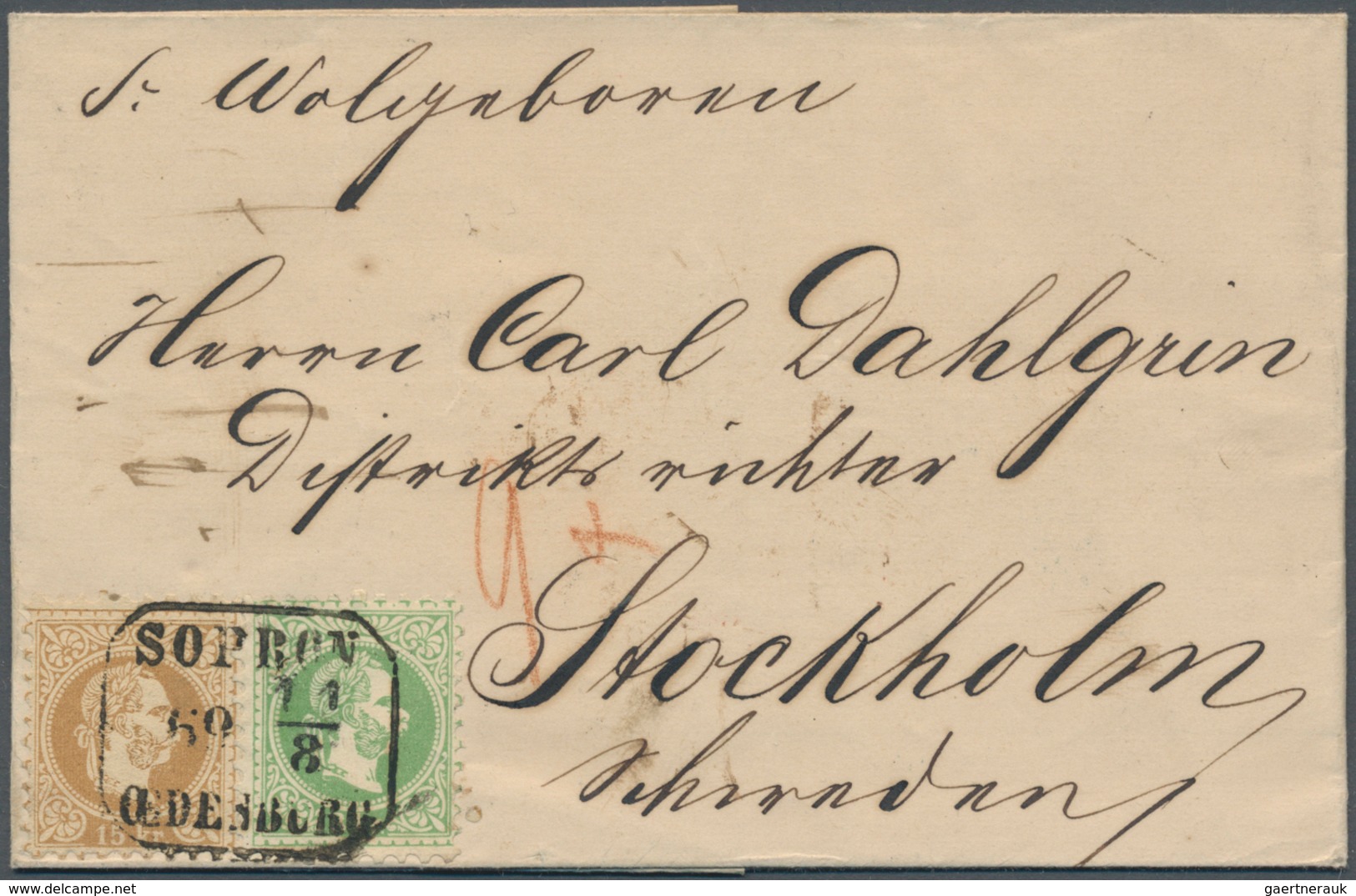 Österreich: 1867, 15 Kr. Braun Und 3 Kr. Grün Franz Joseph Mit Ra3 "SOPRON OEDENBURG 11.8.69" Auf Fa - Other & Unclassified