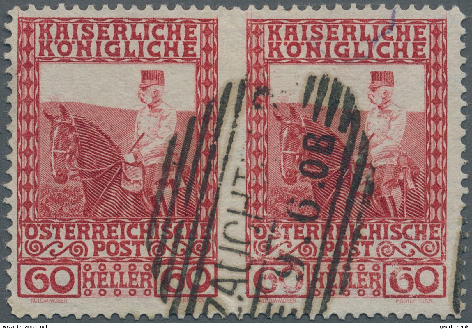 Österreich: 1908, Jubiläumsausgabe, 60 H. Karminrot, Waagerechtes Paar Mittig Ungezähnt, Sauber Gest - Other & Unclassified