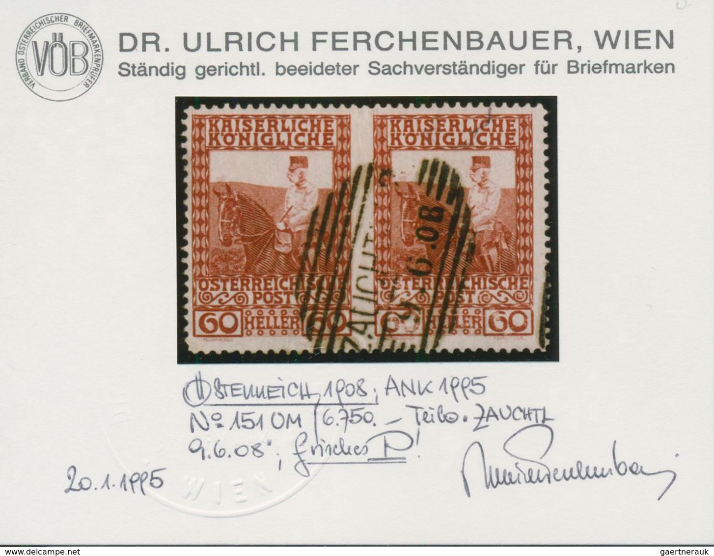 Österreich: 1908, Jubiläumsausgabe, 60 H. Karminrot, Waagerechtes Paar Mittig Ungezähnt, Sauber Gest - Sonstige & Ohne Zuordnung