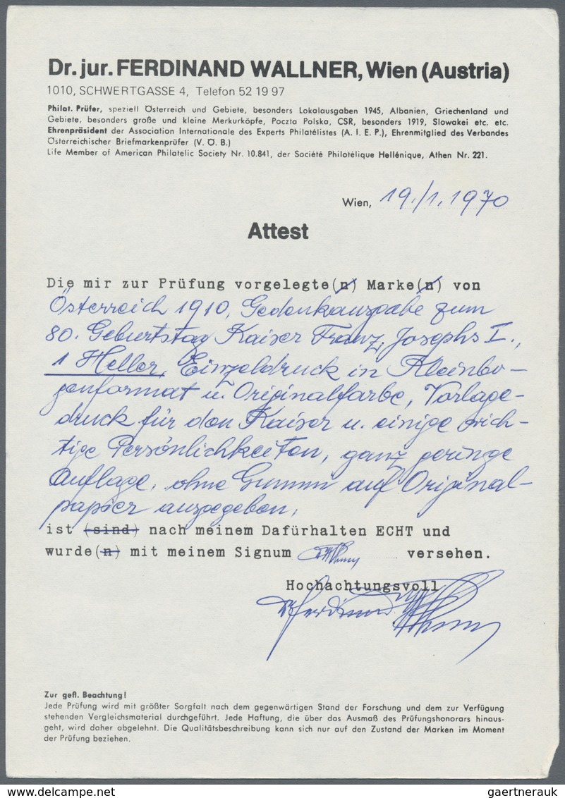 Österreich: 1910, Jubiläumsausgabe, 1 H. bis 10 Kr., komplette Serie von 17 Werten je als Einzelabzu