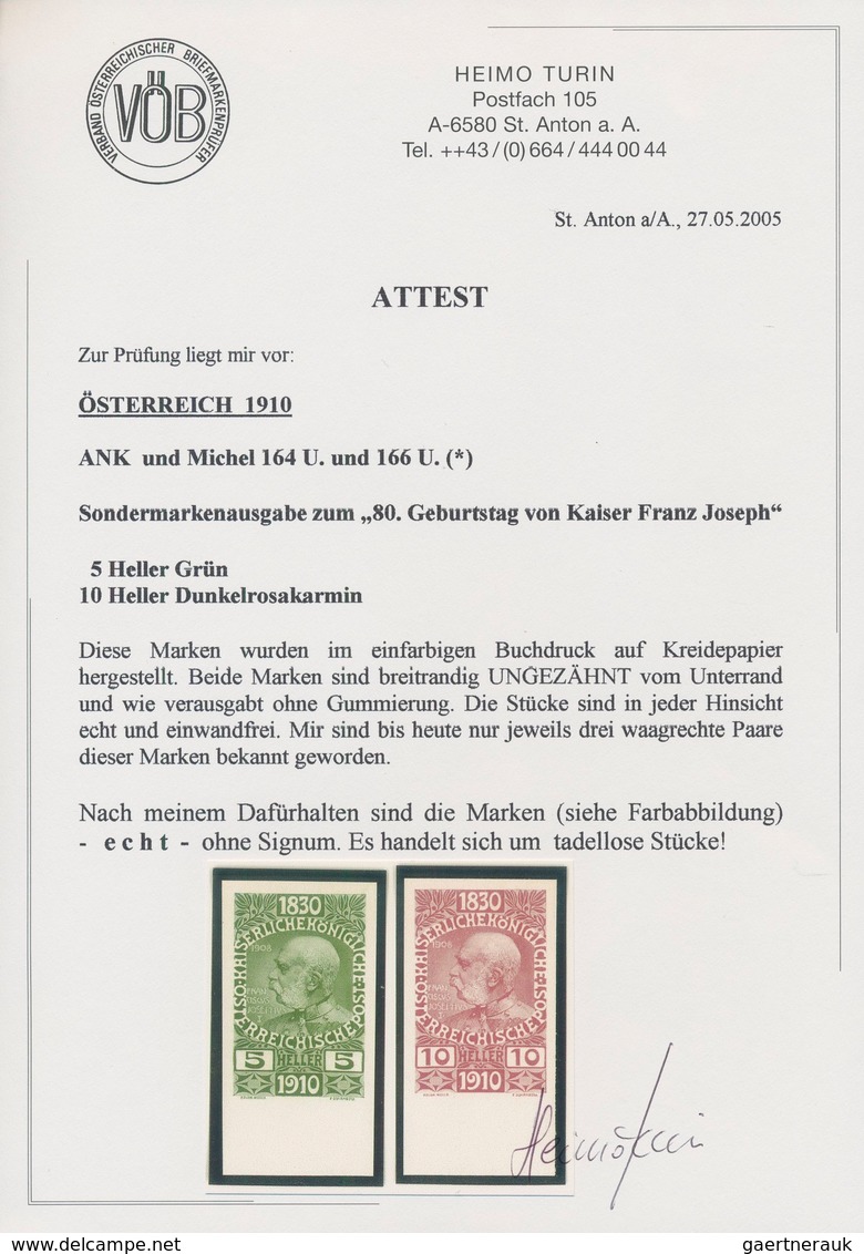 Österreich: 1910, Jubiläumsausgabe, 5 H. Grün Und 10 H. Rosakarmin, Je Ungezähnt Vom Unterrand, Auf - Sonstige & Ohne Zuordnung