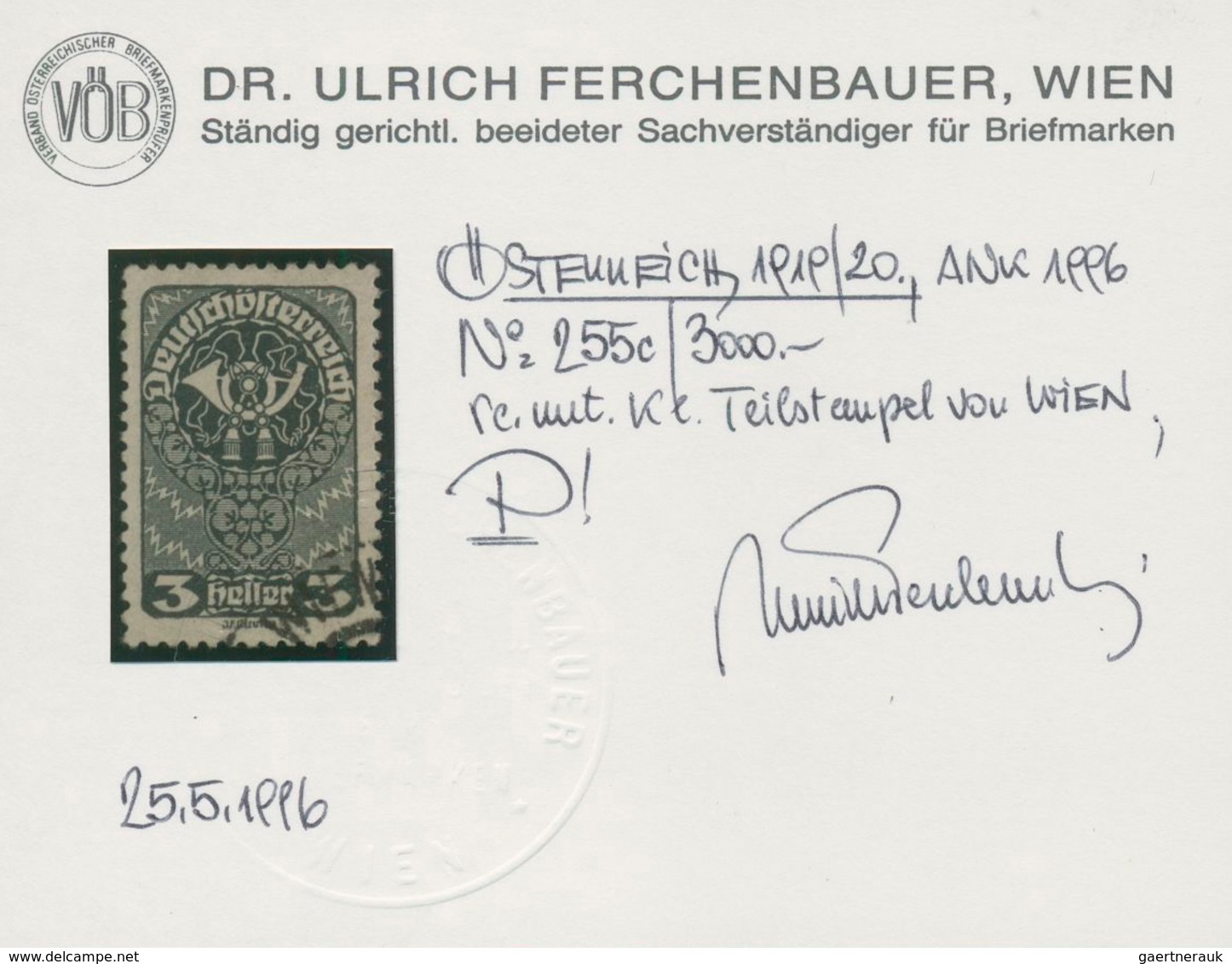 Österreich: 1919/1920, Freimarken 3 H. Dunkelblaugrau Sauber Gestempelt "WIEN", Signiert Und Fotobef - Other & Unclassified