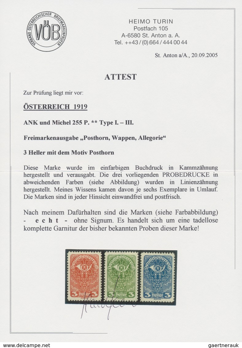 Österreich: 1919/1920, Freimarken, 3 H., Drei Verschiedene Farbproben In Abweichenden Farben Und Mit - Other & Unclassified