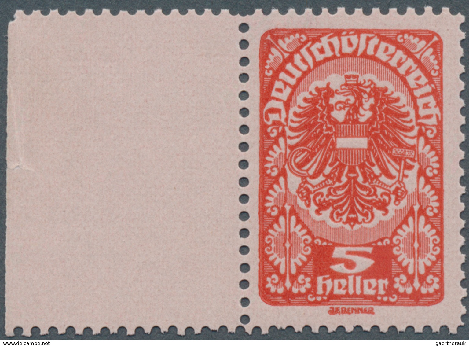 Österreich: 1919/1920, Freimarken, 5 H. Als Farbprobe In Rot Auf Rosa Papier Und Mit Linienzähnung, - Other & Unclassified