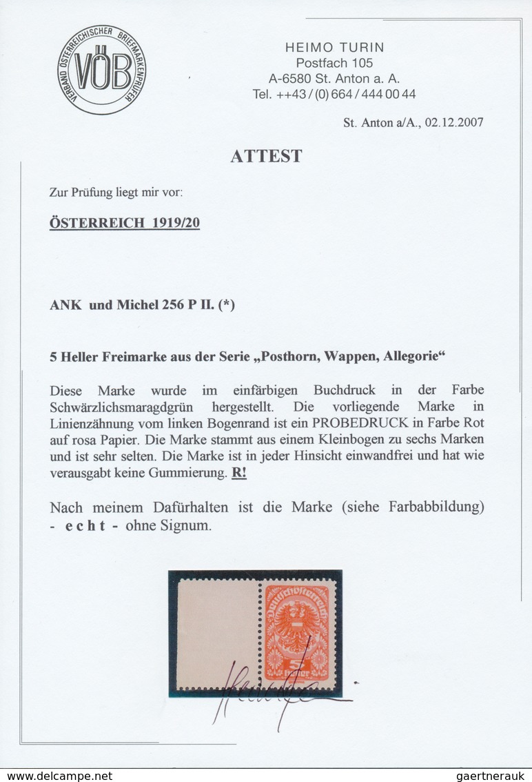 Österreich: 1919/1920, Freimarken, 5 H. Als Farbprobe In Rot Auf Rosa Papier Und Mit Linienzähnung, - Sonstige & Ohne Zuordnung