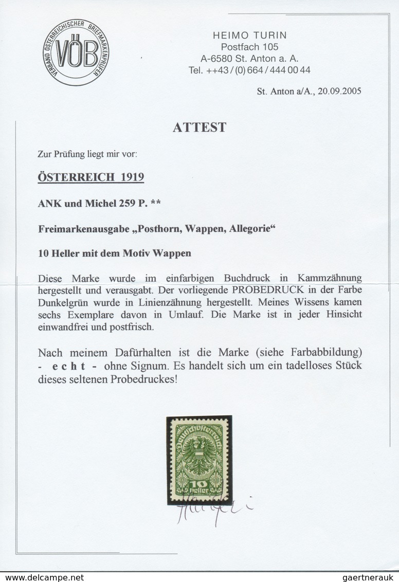 Österreich: 1919/1920, Freimarken, 10 H. Als Farbprobe In Dunkelgrün Und Mit Linienzähnung, Auf Gumm - Other & Unclassified