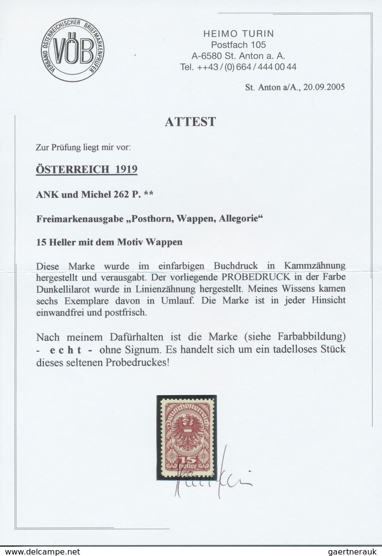 Österreich: 1919/1920, Freimarken, 15 H. Als Farbprobe In Dunkellilarot Und Mit Linienzähnung, Auf G - Other & Unclassified