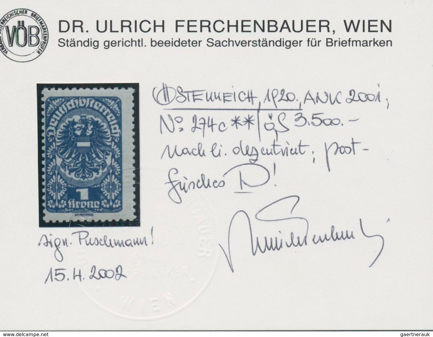 Österreich: 1919/1920, Freimarken, 1 Kr. Schwärzlichultramarin, Postfrisch, Zarte Fingerspuren, Foto - Sonstige & Ohne Zuordnung